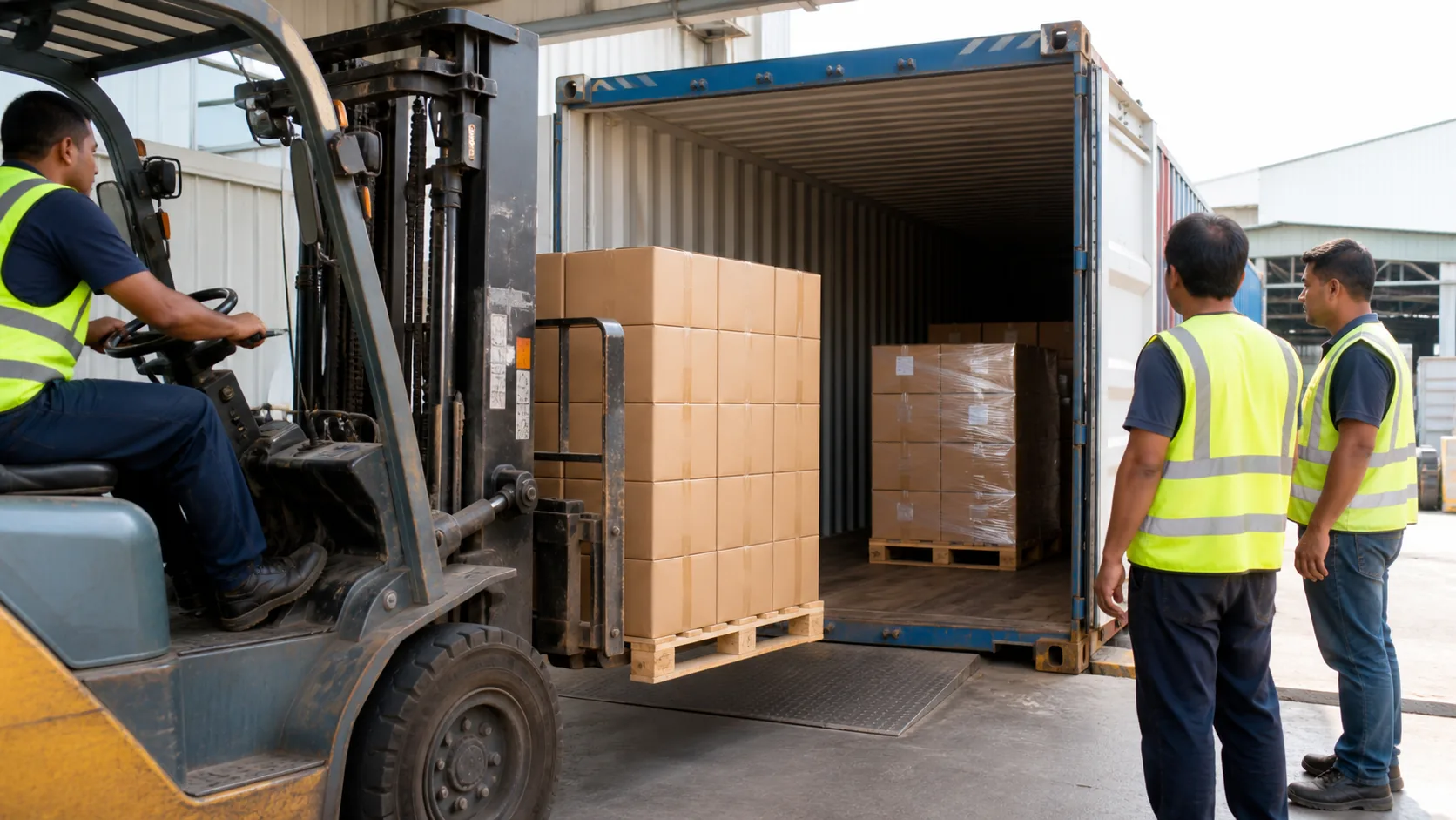 Palletized cargo being loaded into an ocean container