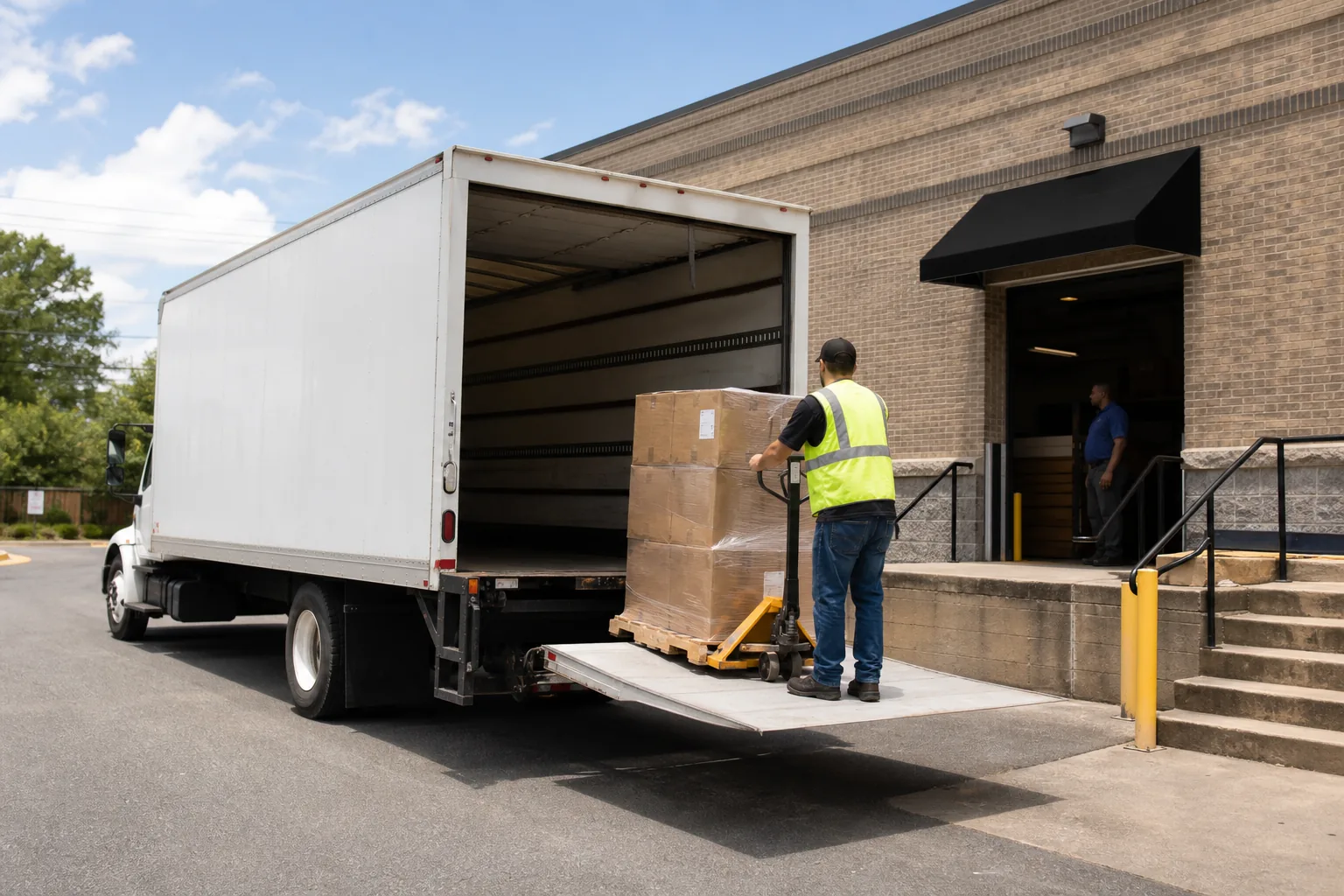 Pallet freight delivered by box truck to a US business