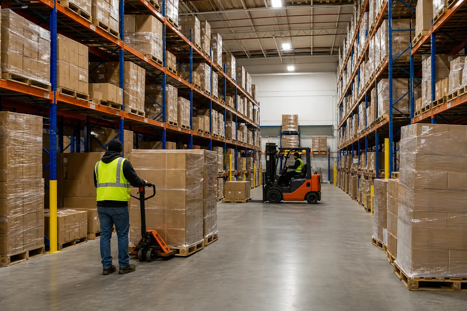 Organized logistics warehouse with pallet racks